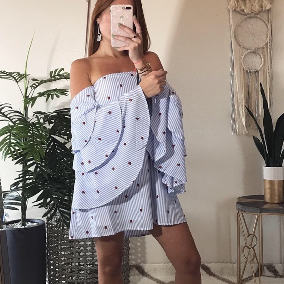 striped embroidery rose off shoulder dress - Picture 1 of 2